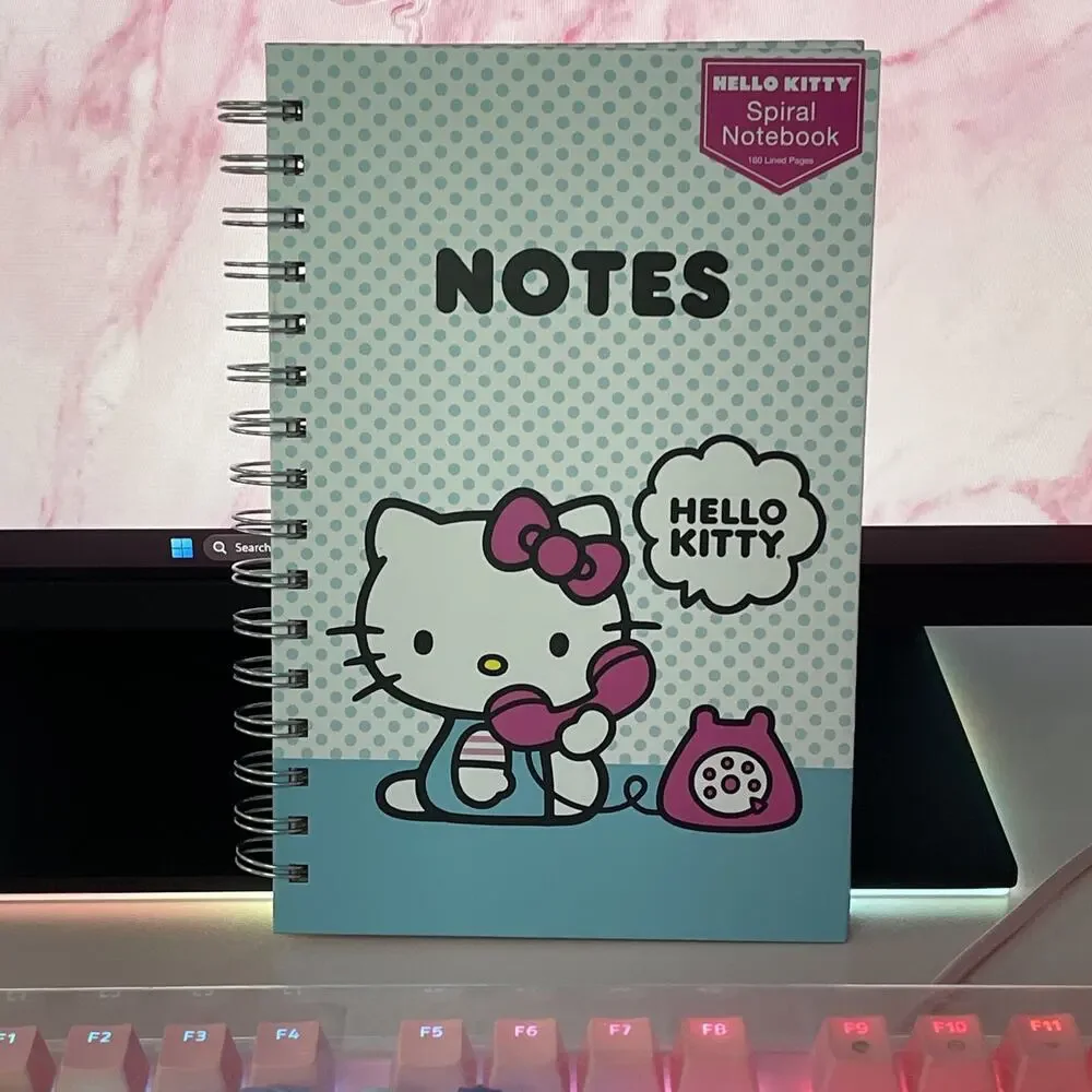 Hello Kitty Hard Cover Notebook Journal Spiral Blue Polka Dot Phone 2024 Sanrio